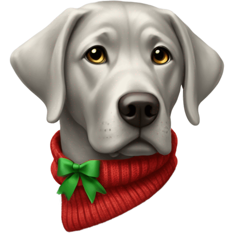 Silver lab with red sweater with green bow emoji