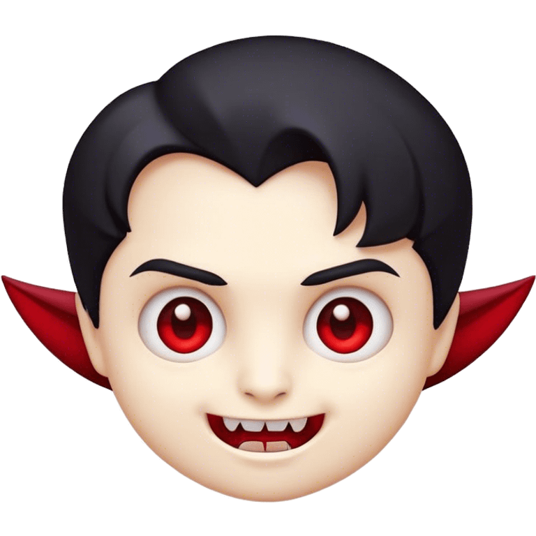 Cinematic Cute Vampire Portrait Emoji, with a refined yet playful small, rounded pale face accented by tiny, cute fangs and bright, twinkling eyes, sporting miniature elegant dark attire with a hint of crimson, simplified yet irresistibly charming, highly detailed with a soft glowing outline that captures the delightful duality of spooky sweetness and stylish allure! emoji