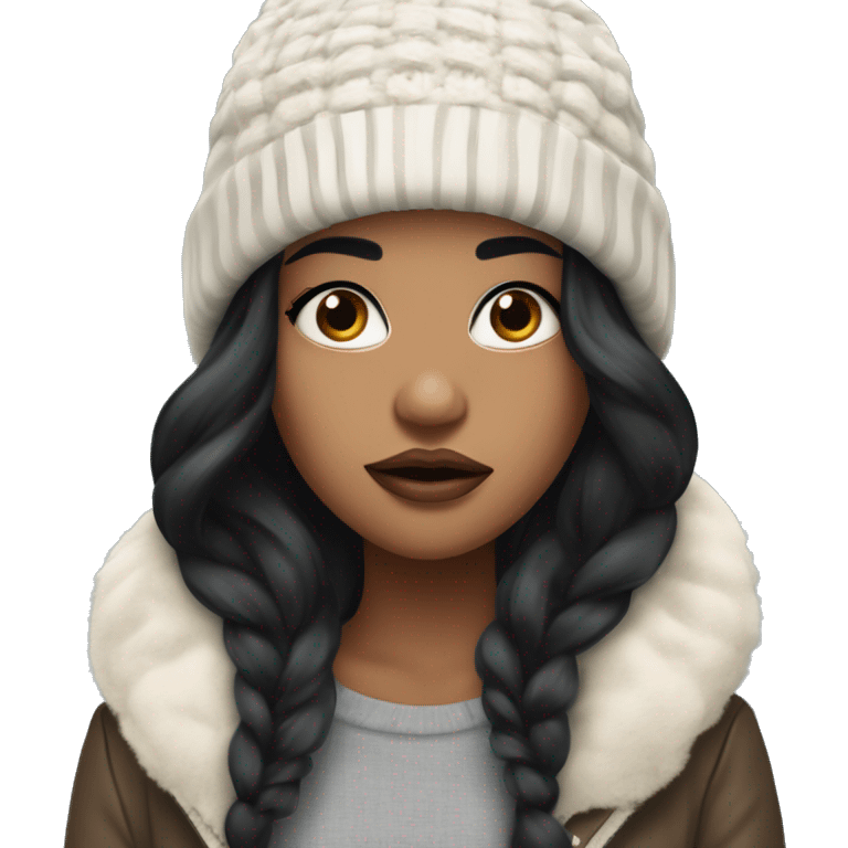 beautiful girl with long flowy black hair and pouty glossy lips wearing winter beanie emoji