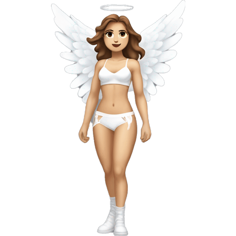 Athletic, muscular female angel figure with brown hair, wearing white lingerie-style outfit in a tasteful manner. Include angelic wings emoji