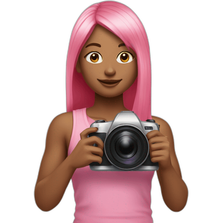 girl with long, straight rose hair and fringe and holding camera and wearing pink tank top emoji