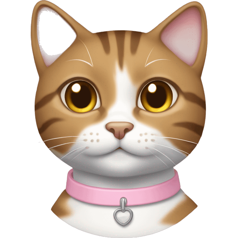 Brown and white female tabby cat with light pink collar emoji