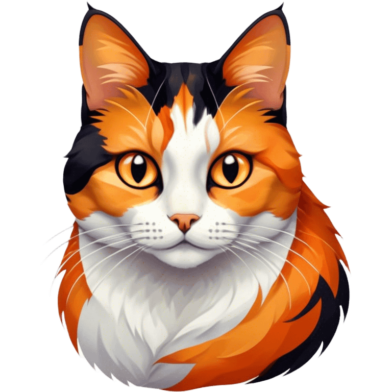 Cinematic Noble Calico Cat Portrait Emoji, Poised and regal, with a striking patchwork fur in vibrant orange, black, and white hues, delicate whiskers and a refined, focused gaze, simplified yet exquisitely detailed, glowing with a soft, moonlit radiance and an air of aristocratic elegance, high shine, exuding dignified intelligence and poised authority, soft glowing outline, capturing the essence of a watchful and noble calico cat that appears ready to grace the screen with effortless majesty! emoji