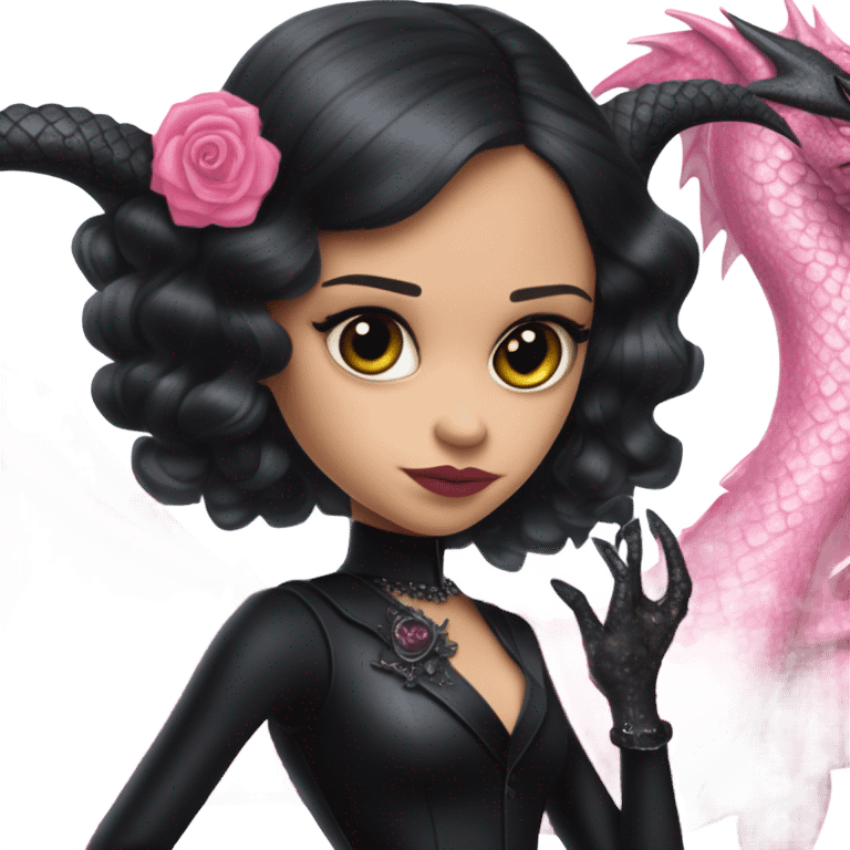 provocatively  Lavish black evening gown with see-through gloves, Jenna Ortega as Addams woman prom queen wearing a mini tiara, very large blood  pink evil-looking horned old dragon bike emoji