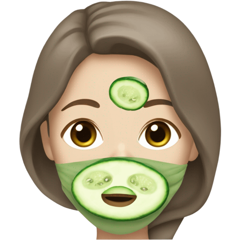 White girl with Brown hair and blue eyes wears a Green colored clay mask and puts on cucumbers around her eyes while She relaxes in her white Robe emoji