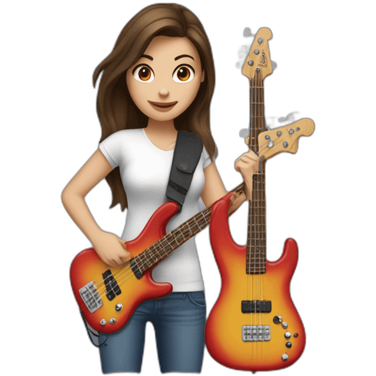 White brunette in t-shirt playing four string electric bass guitar emoji