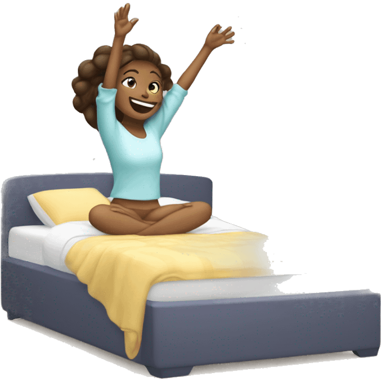 Happy girl wakes up in bed and stretches hands up in the air  emoji