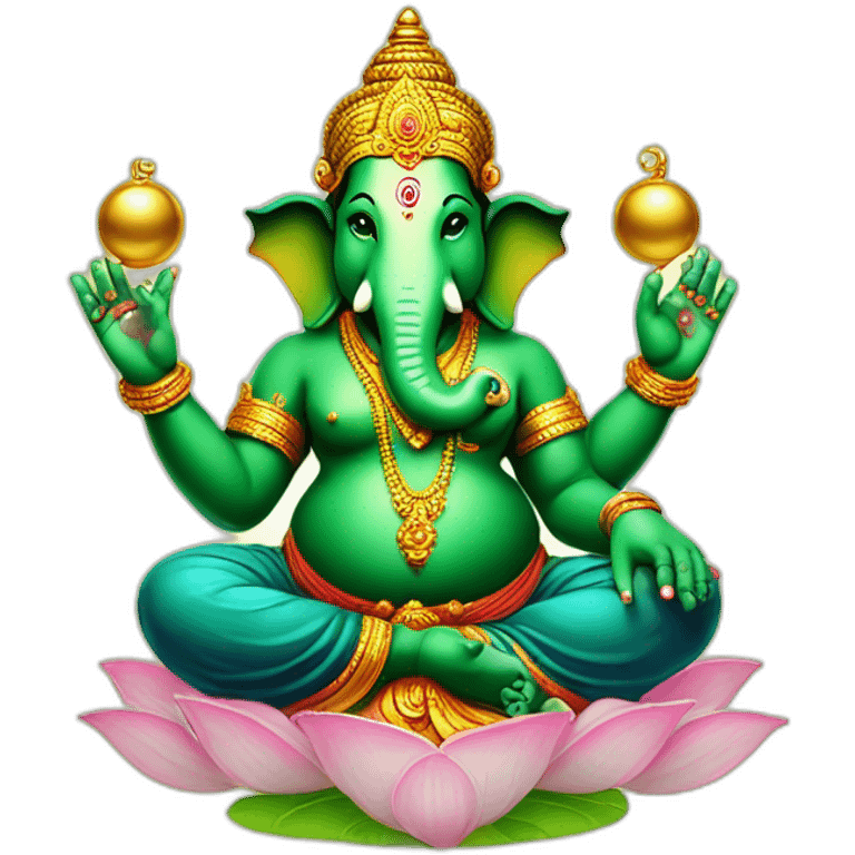 green ganesha hindu god with 4 hands,right low hand in varada mudra, left low hand with an golden ball emoji