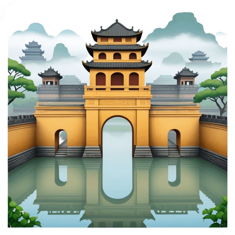 Cinematic Realistic Imperial City of Hue Landmark Emoji, capturing the ancient citadel’s weathered walls, intricate gates, and traditional Vietnamese architecture, surrounded by a misty, tranquil moat. emoji