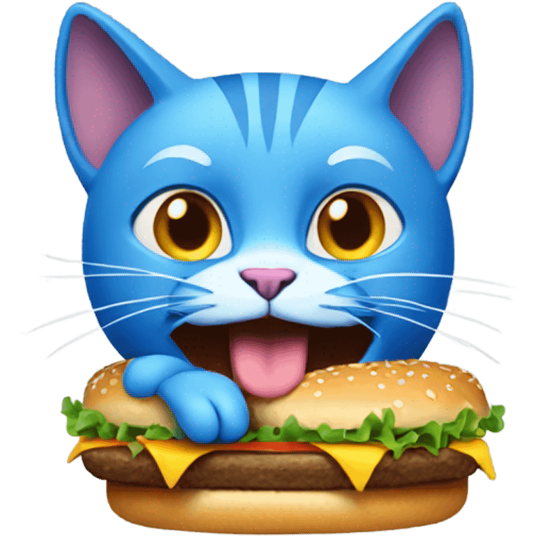 A blue cat which is eating a hamburger emoji