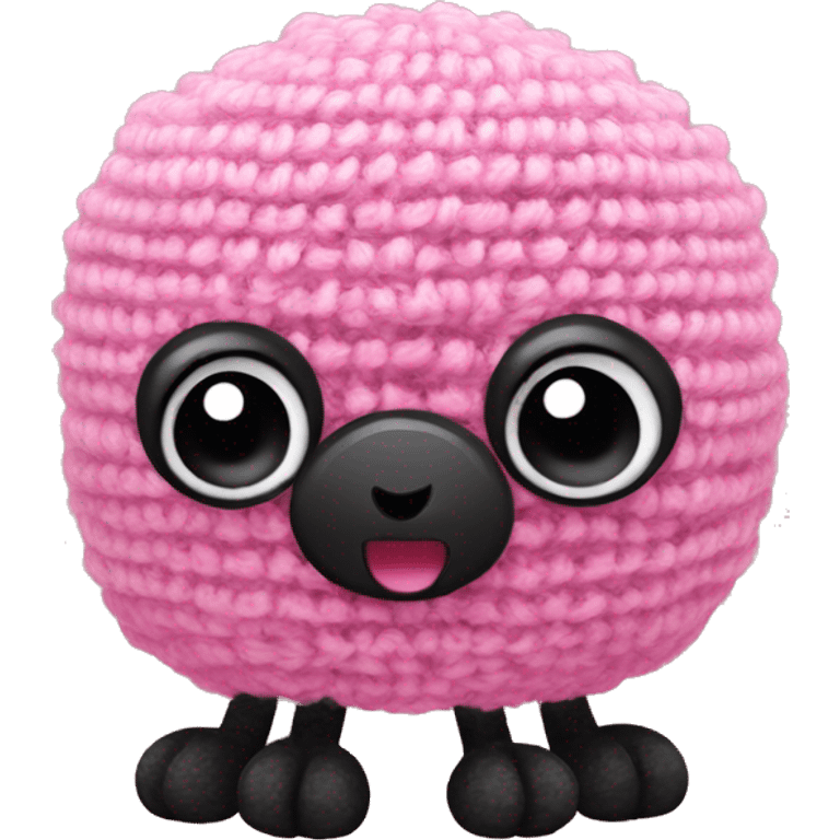 A small pink crocheted creature with a rectangular body, big black eyes, a small black smile, long thin arms and legs, and slightly red cheeks. emoji