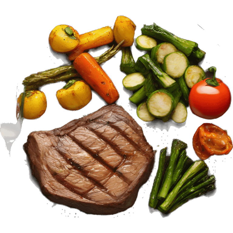 cooked steak and burnt veggies, cooked vegetables, fried vegetables on a plate emoji