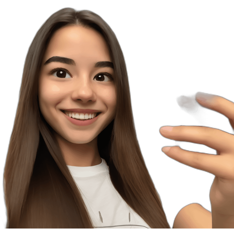 Spaniard Teenager girl long Brown straight hair funny face smiling taking selfie wearing nike t-shirt emoji