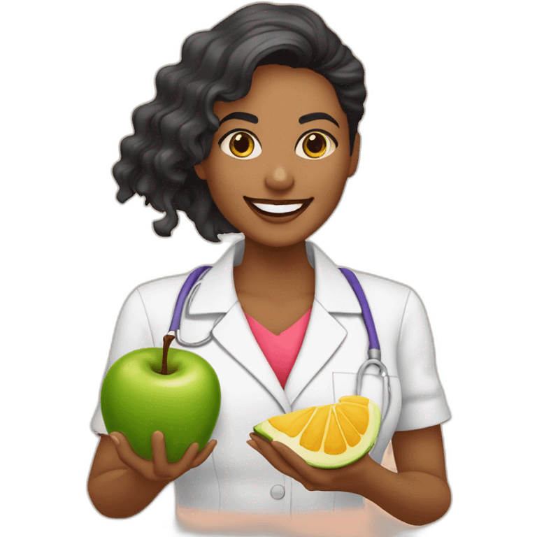 Nutricionista  morena com várias frutas na mão  emoji