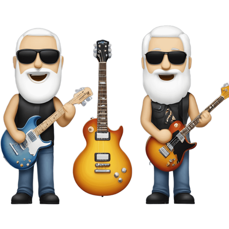 Three white bearded musicians. one on a Gibson Les Paul guitar, one on a Fender Precision bass and one playing drums emoji