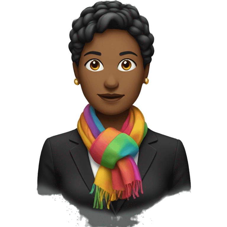 woman in a black suit with colofrul scarf around the neck instead of tie emoji