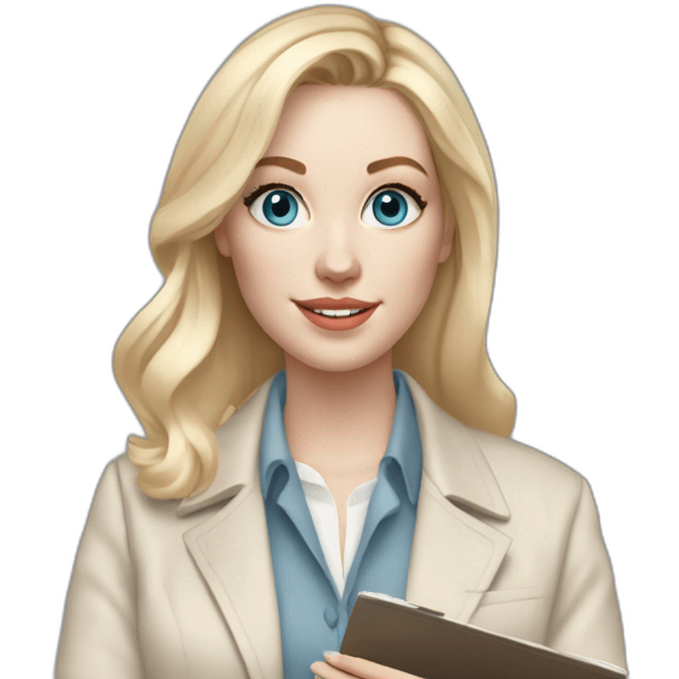 pale skin woman interior designer with cold blonde middle length hair, blue eyes, beige blouse, White oversize jacket, Gray skirt holding a color palette in the hands emoji