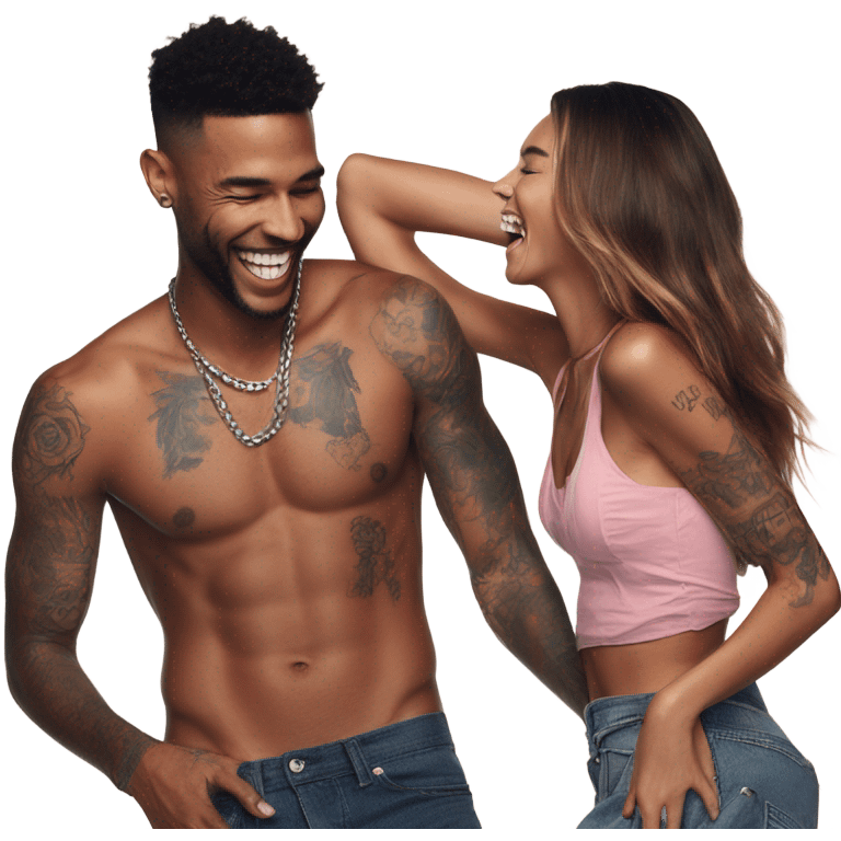 Photo of Victoria secret model laughing with a tattooed male model  emoji