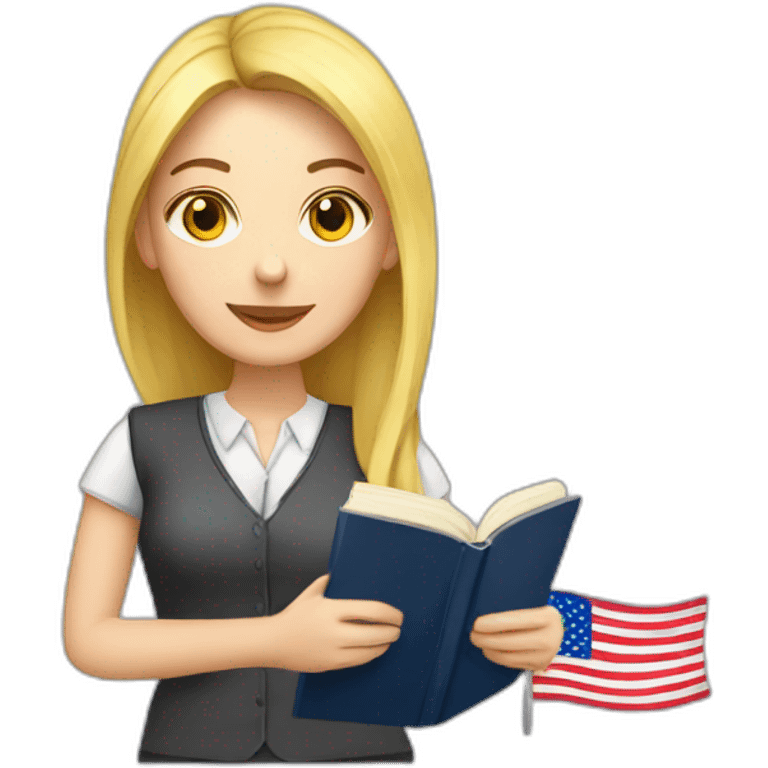 English teacher female with English book with Ukrainian and usa flags emoji