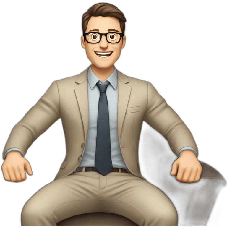 Joyful Celebrating victory Hands up Pale skinned Fit Man With dark brown hair in gray jacket, beige office shirt, Brown pants and vintage glasses sitting In a soft chair emoji