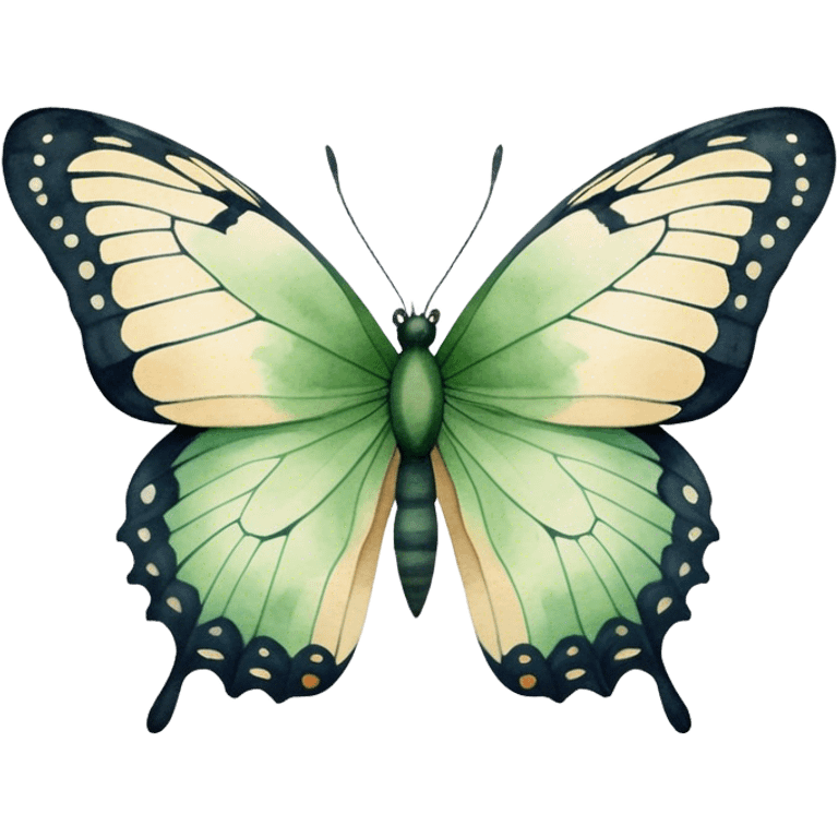 A minimalist watercolor illustration of a butterfly with green hues and fine details, set against a soft beige canvas.
 emoji