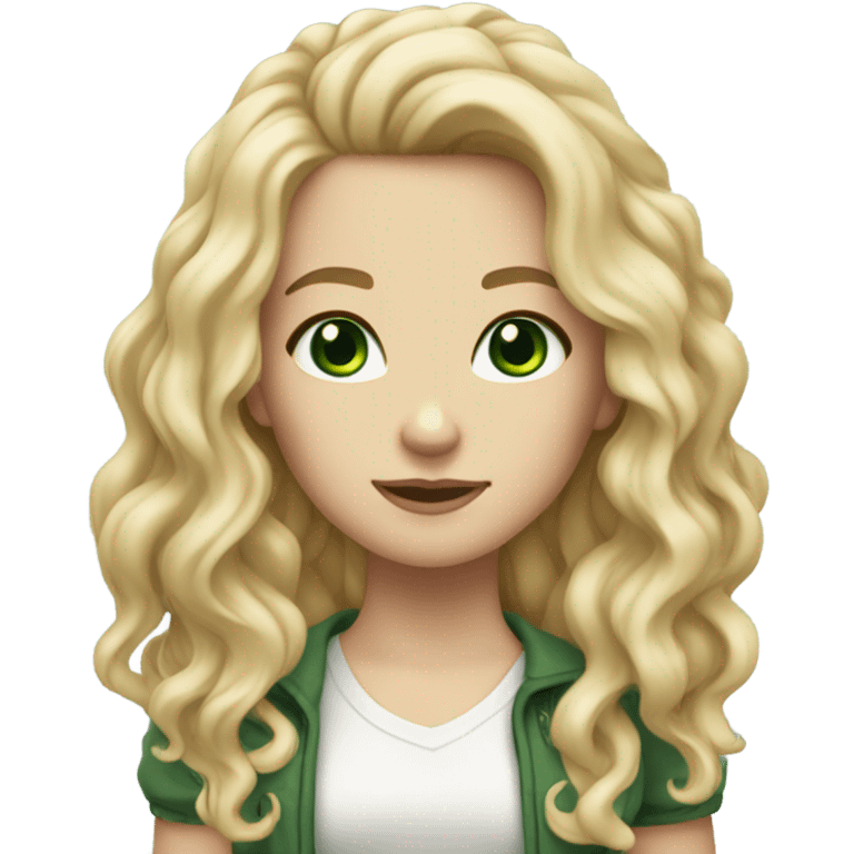 a white girl with long curly blonde hair, green eyes, skinny and with cute clothes emoji