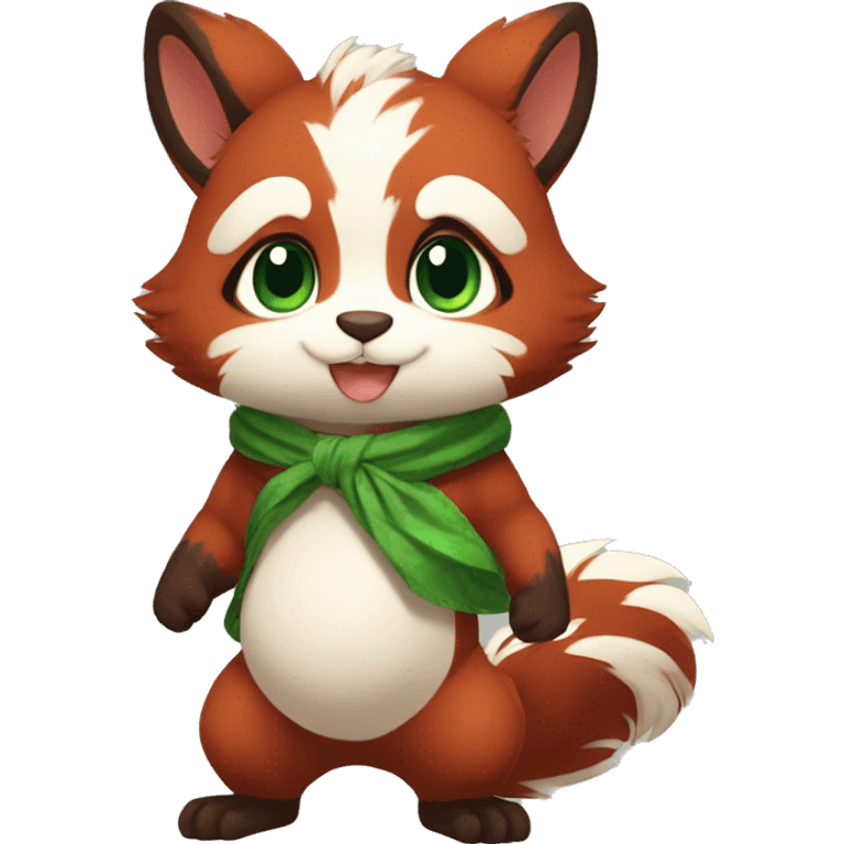 Cute, Chibi, chubby, fluffy, Kemono-style, Anthro, Fur-Sona, Dark-Red, Squirrel-RedPanda-hybrid-Fakémon, with a green bandana, full body emoji