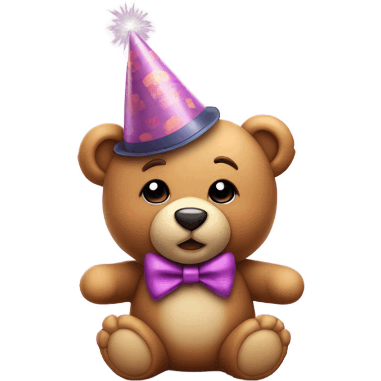 Cute teddy bear wearing a party hat and blower emoji