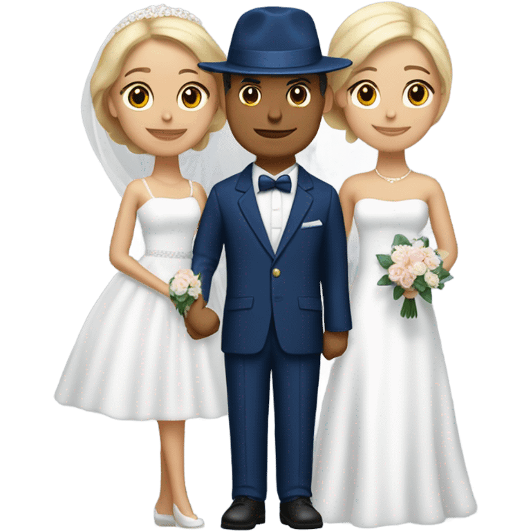 Puerto rican beard short hair with blue hat and navy blue suit getting Married with blond long hair girl with white  wedding dress  emoji