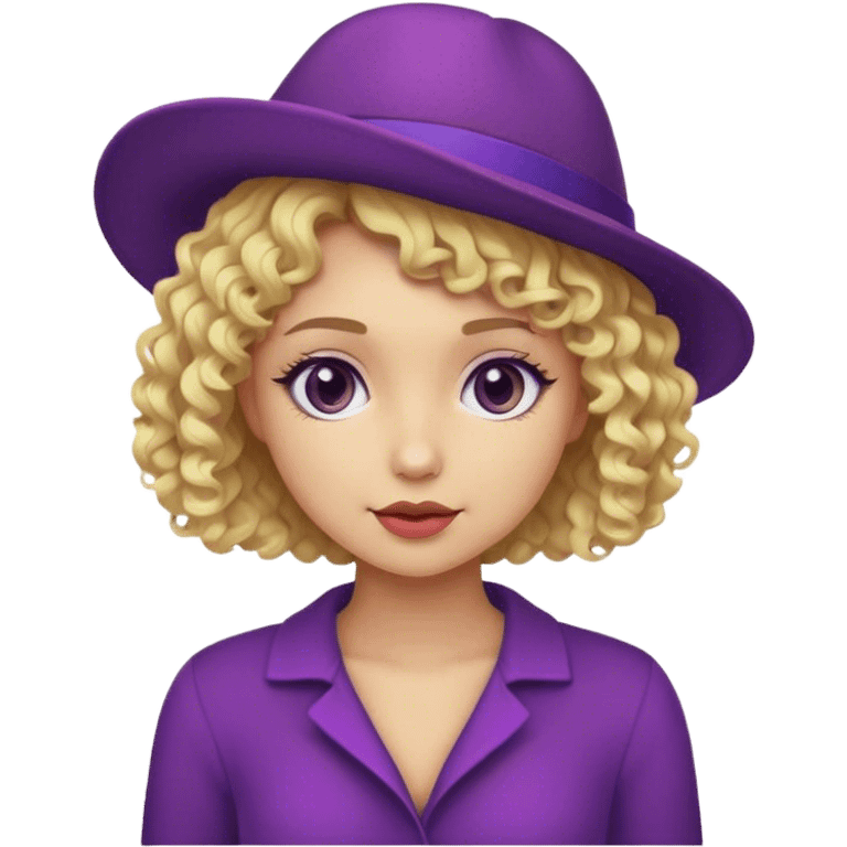 Blonde girl with short curly hair en purpule hat emoji