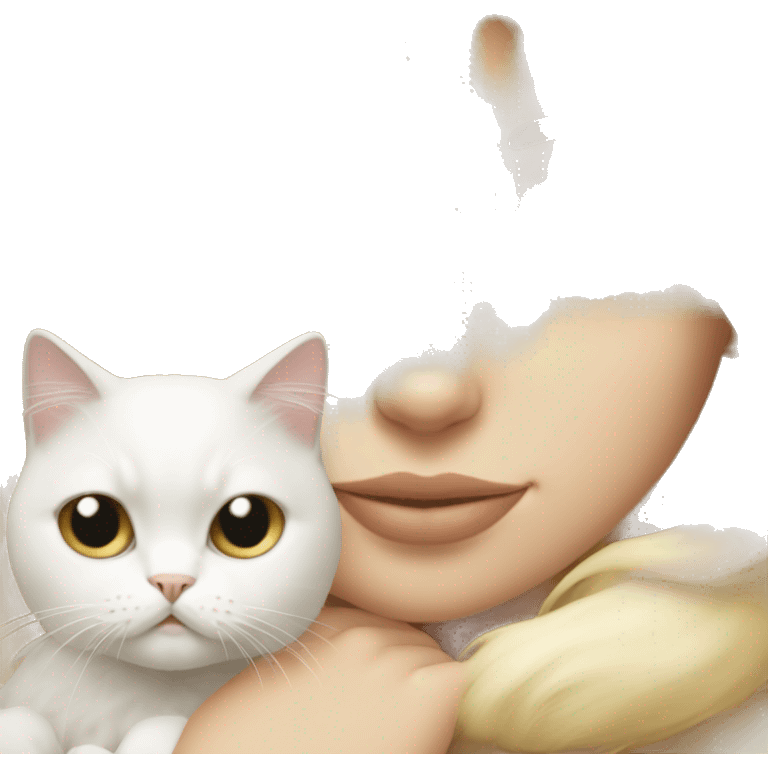 Blonde girl snuggling white Persian cat emoji