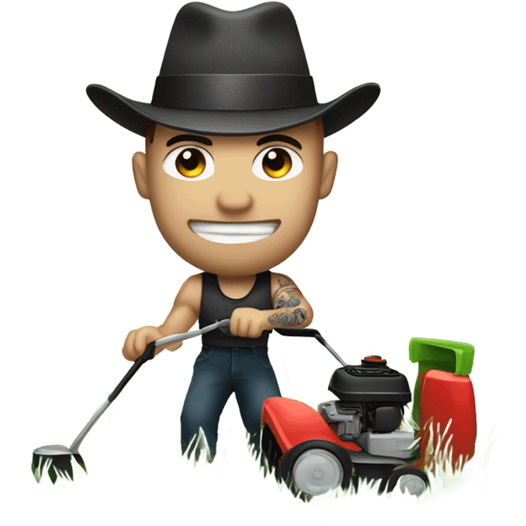 A muscular white man with tattoos cutting grass with a lawn mower wearing a tophat emoji