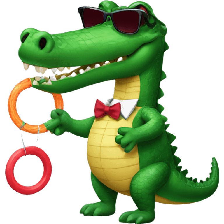 A crocodile with hula hoop, sunglasses, and a bowtie emoji