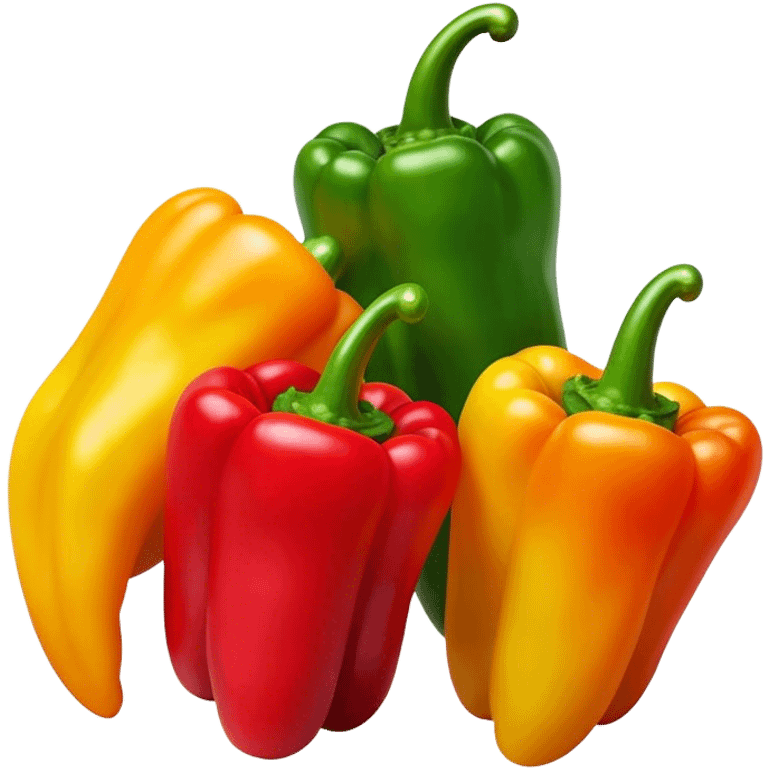 Cinematic bright colorful peppers, glossy and fresh, arranged in a vibrant mix of red, yellow, and green, warm glowing background, fresh and lively. emoji