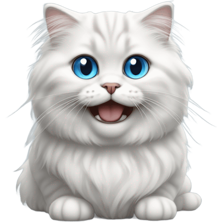 White and grey long haired Scottish fold with blue eyes laughing emoji