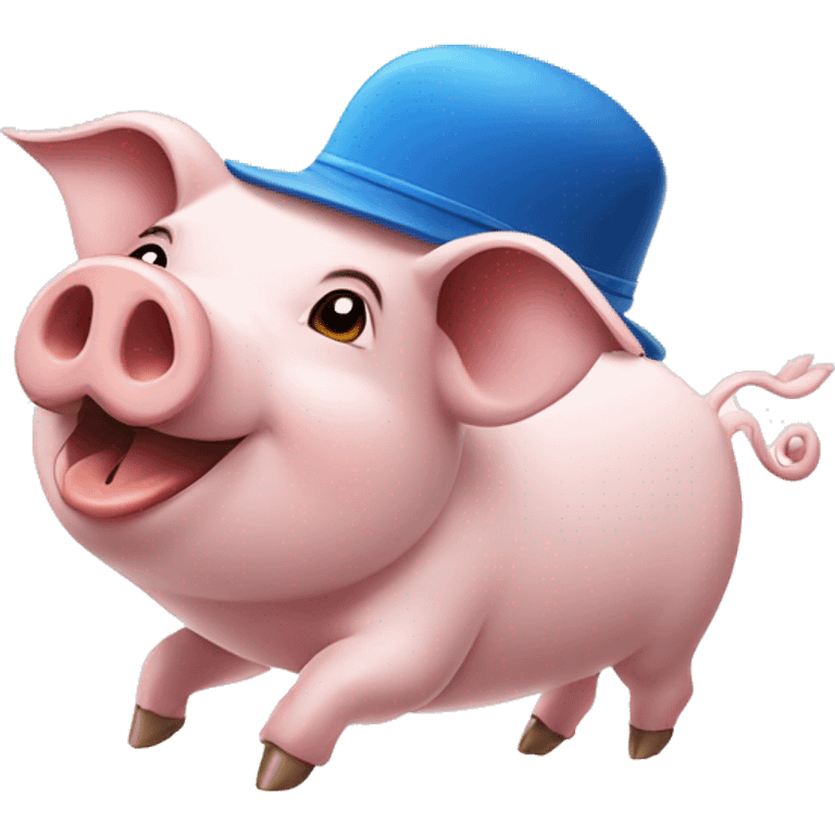 A pig wearing blue hat and flying with birds emoji