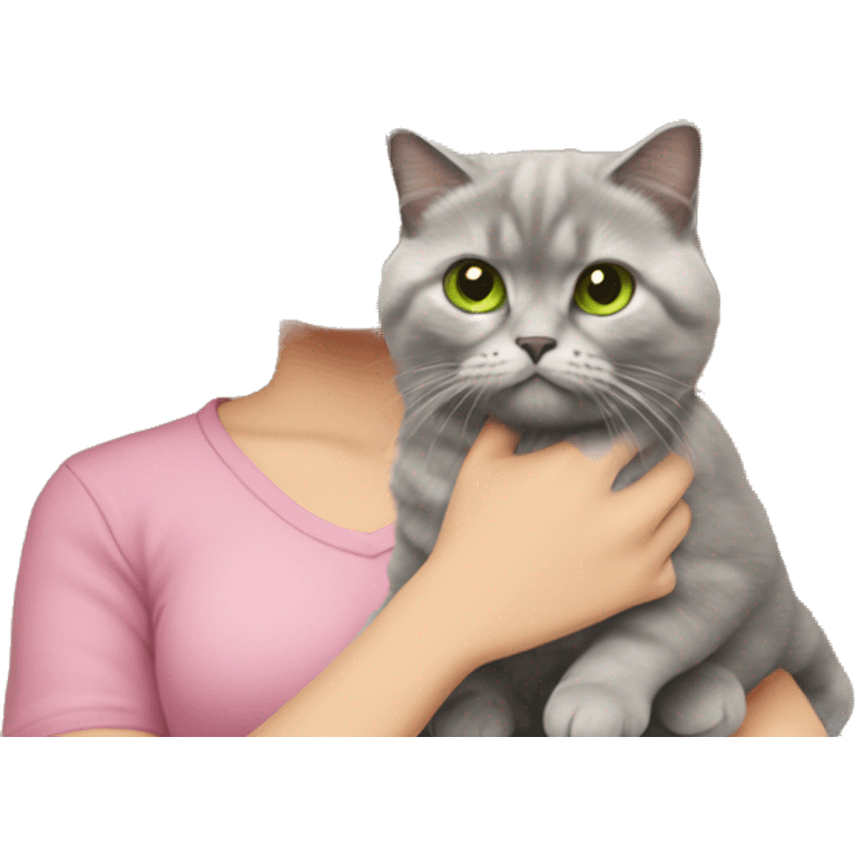 woman with green eyes and glasses and long wavy blonde hair and in a pink shirt is holding a very fluffy and fat grey Scottish fold cat emoji