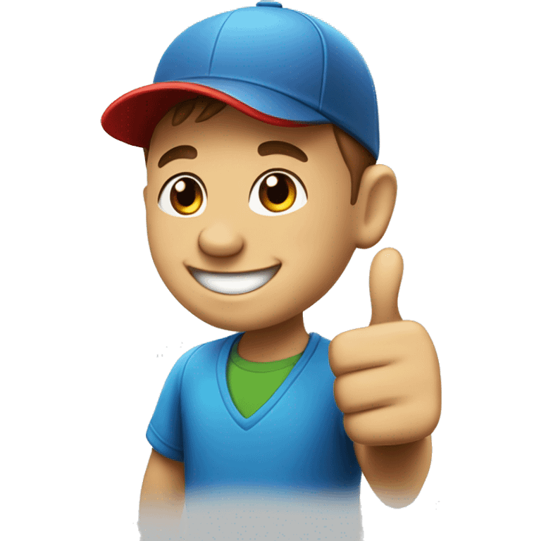 A Happy boy showing thumbs up having text in his cap as LENOVO emoji