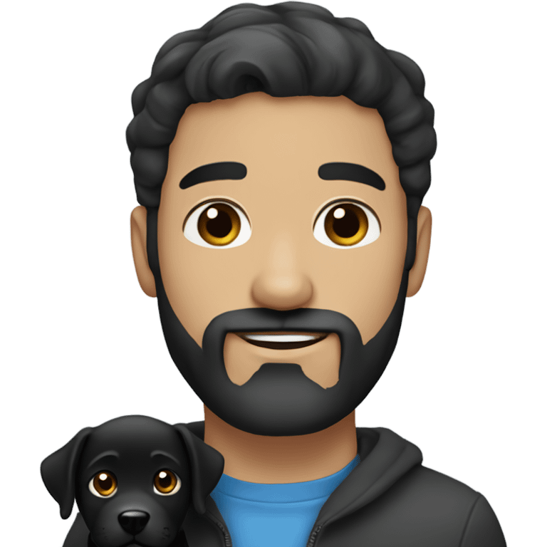 Handsome man with blue eyes black hair and beard holding black Labrador  emoji