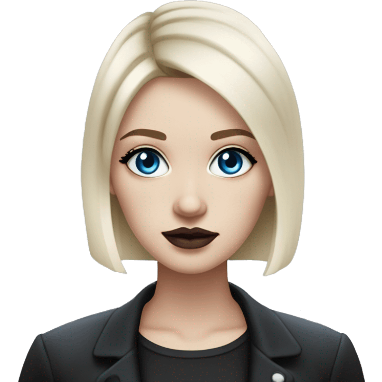 Slavic adult woman, goth eyes makeup, pink lips, blue eyes, medium bob black-to-blonde ombre straight hair, white T-shirt and black office jacket. emoji