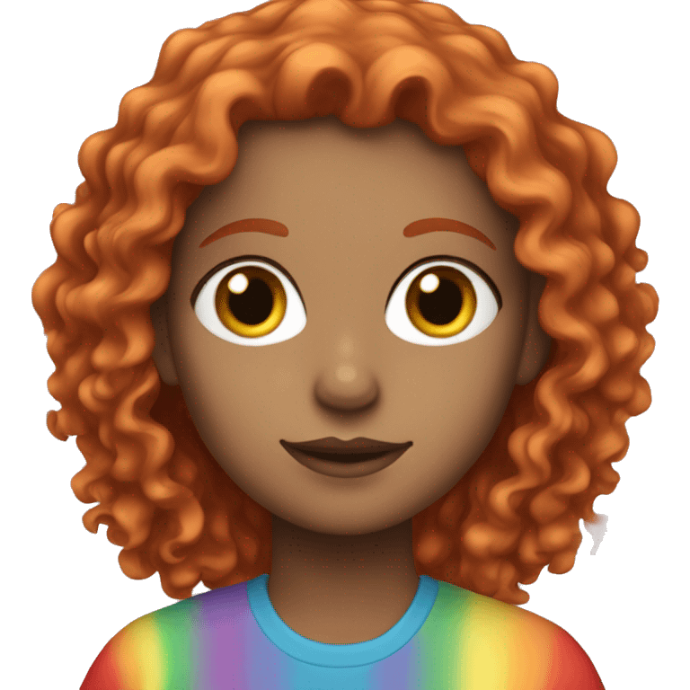 white girl with a rainbow shirt and a red curly hair emoji