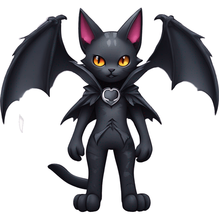   cool edgy kawaii anime-style ethereal dark-punk-themed animal vampiric cat-hybrid Fakemon with fangs and bat-wing-ears with a collar full body emoji