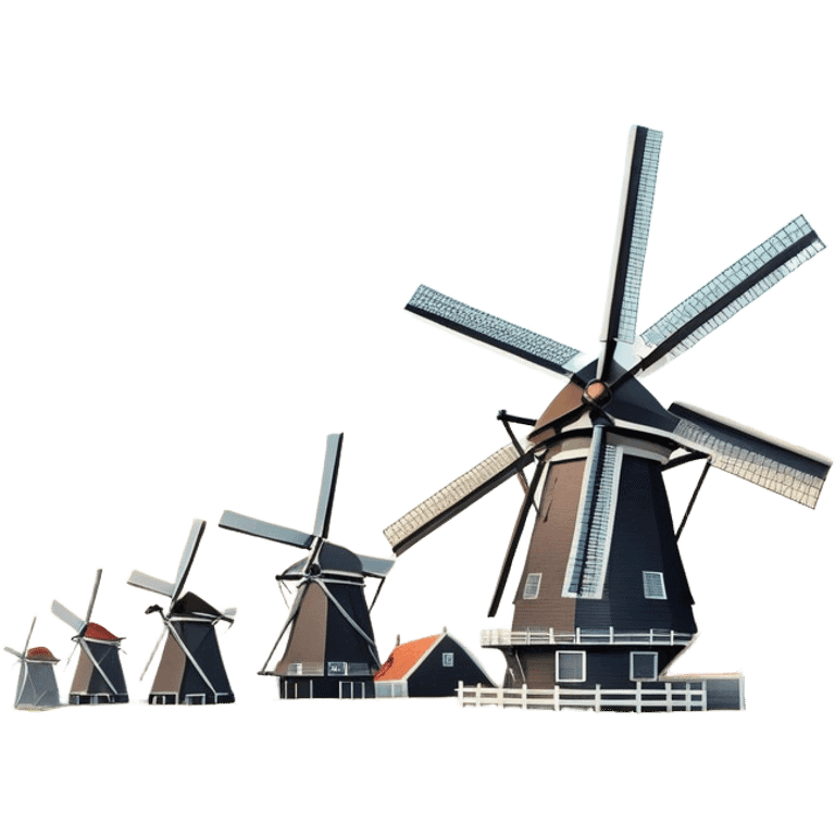 Cinematic Realistic Kinderdijk Windmills Landmark Emoji, depicted as a row of classic Dutch windmills set against a serene sky rendered with detailed textures and soft natural lighting. emoji