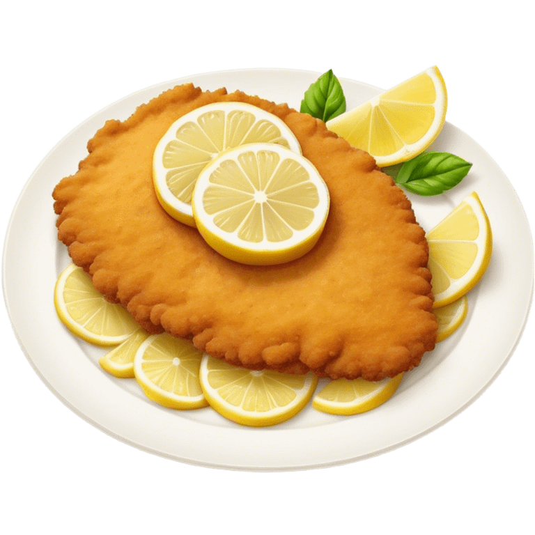 Cinematic Realistic Veal Schnitzel Dish Emoji, depicted as a golden, breaded veal cutlet served with lemon rendered with crisp textures and inviting, natural lighting. emoji