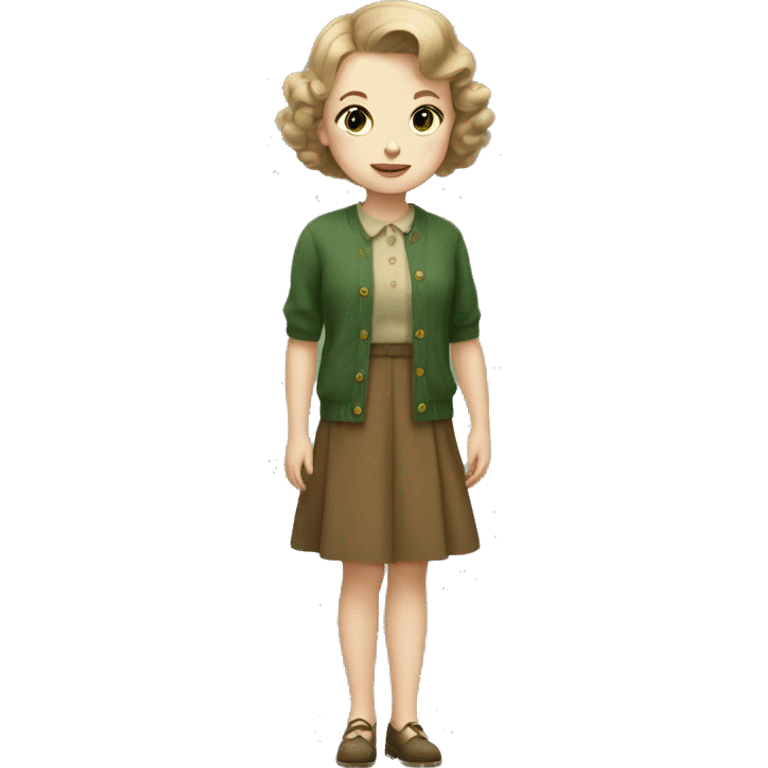 Very young girl with pale skin, light brown, short hair, a brown 1940s dress with an earthy green cardigan emoji