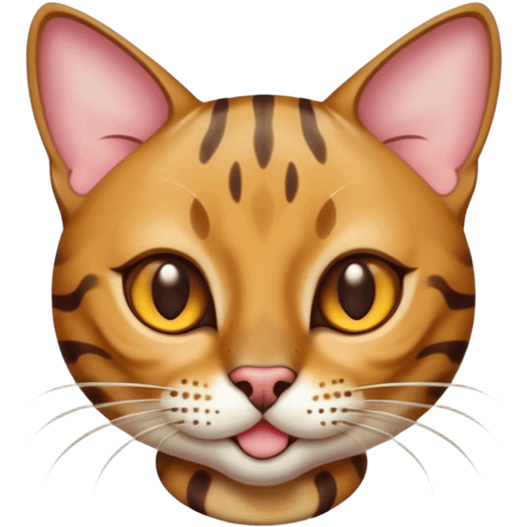 Cinematic Cute Bengal Cat Portrait Emoji, Playful and charming, sleek spotted brown and gold tones, Simplified yet adorable features, highly detailed, glowing with a warm, friendly glow, high shine, curious and affectionate, stylized with a touch of whimsy, bright and alert, soft glowing outline, capturing the essence of a mischievous yet loving kitten, so endearing it feels like it could pounce out of the screen and play! emoji