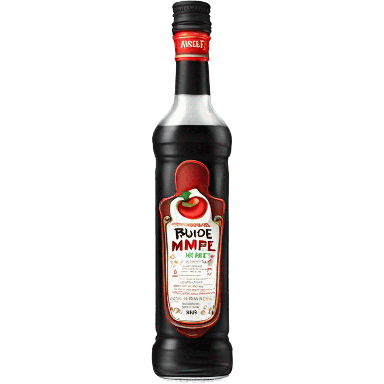 Tall clear alcohol bottle of “Rumple Minze” alcohol with black and red label emoji