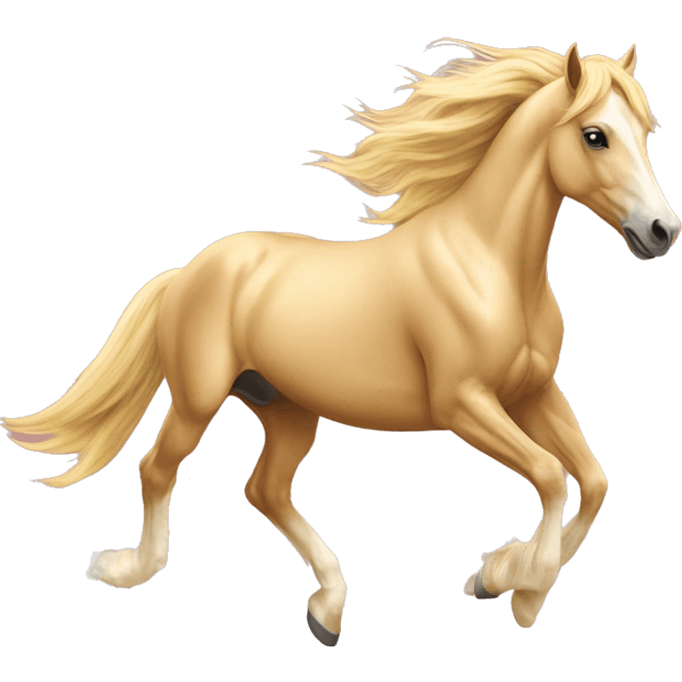 Yellow palomino horse with long flowing mane galloping with prosthetic leg, slender horse, solid yellow horse, running, galloping with prosthetic leg, pretty horse, horse with piebald foal emoji