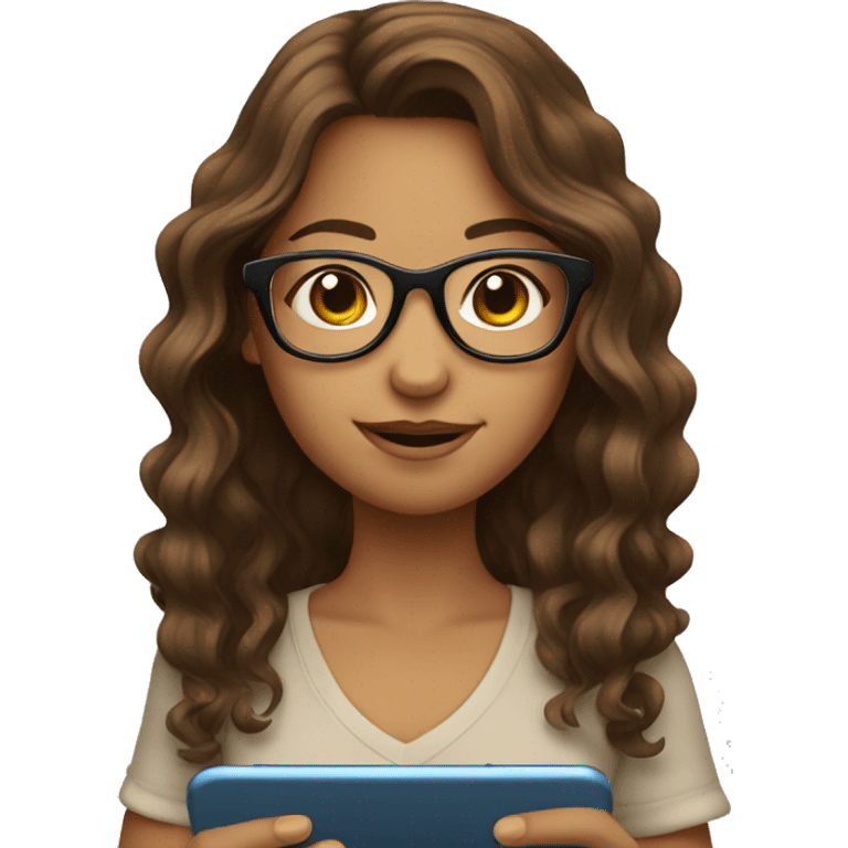 girl with glasses and brown wavy hair reading on smart phone emoji