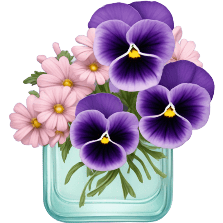 composition of aesthetically pleasing purple pansies, pastel pink daisies and a rosy vintage-style perfume bottle emoji